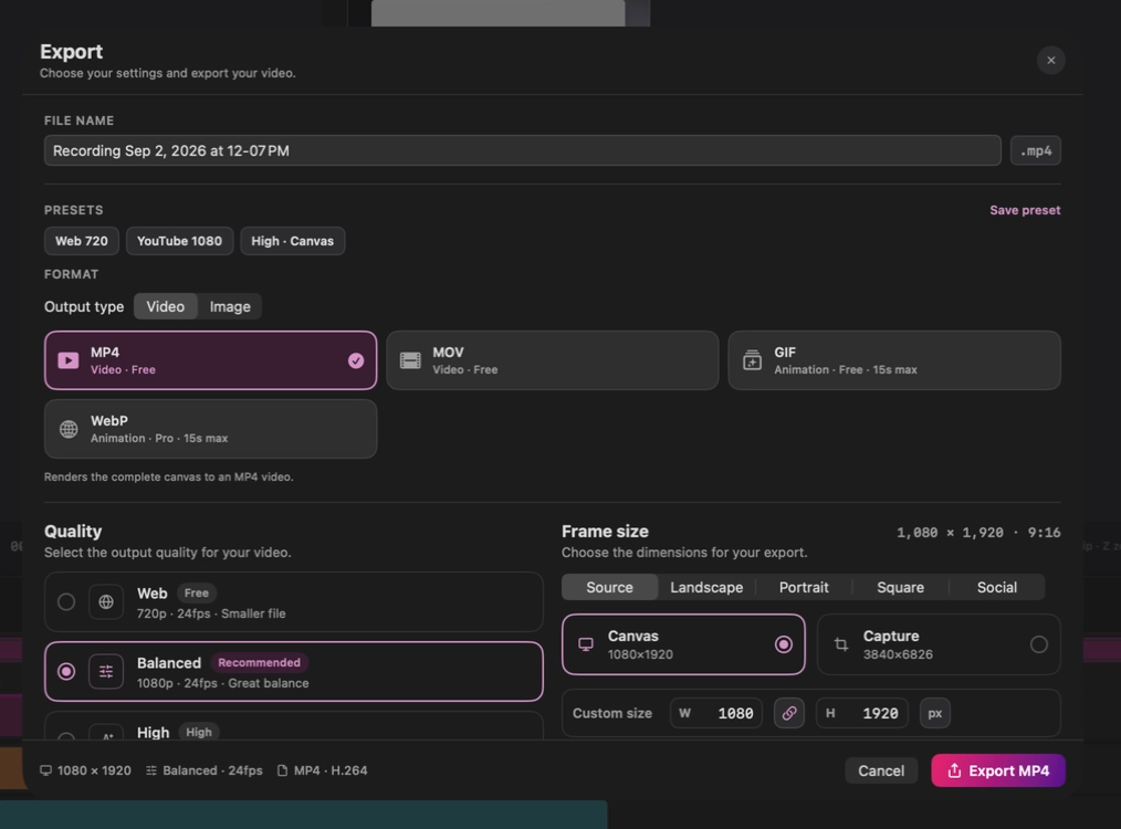Export sheet with MP4, SVG, and Lottie
