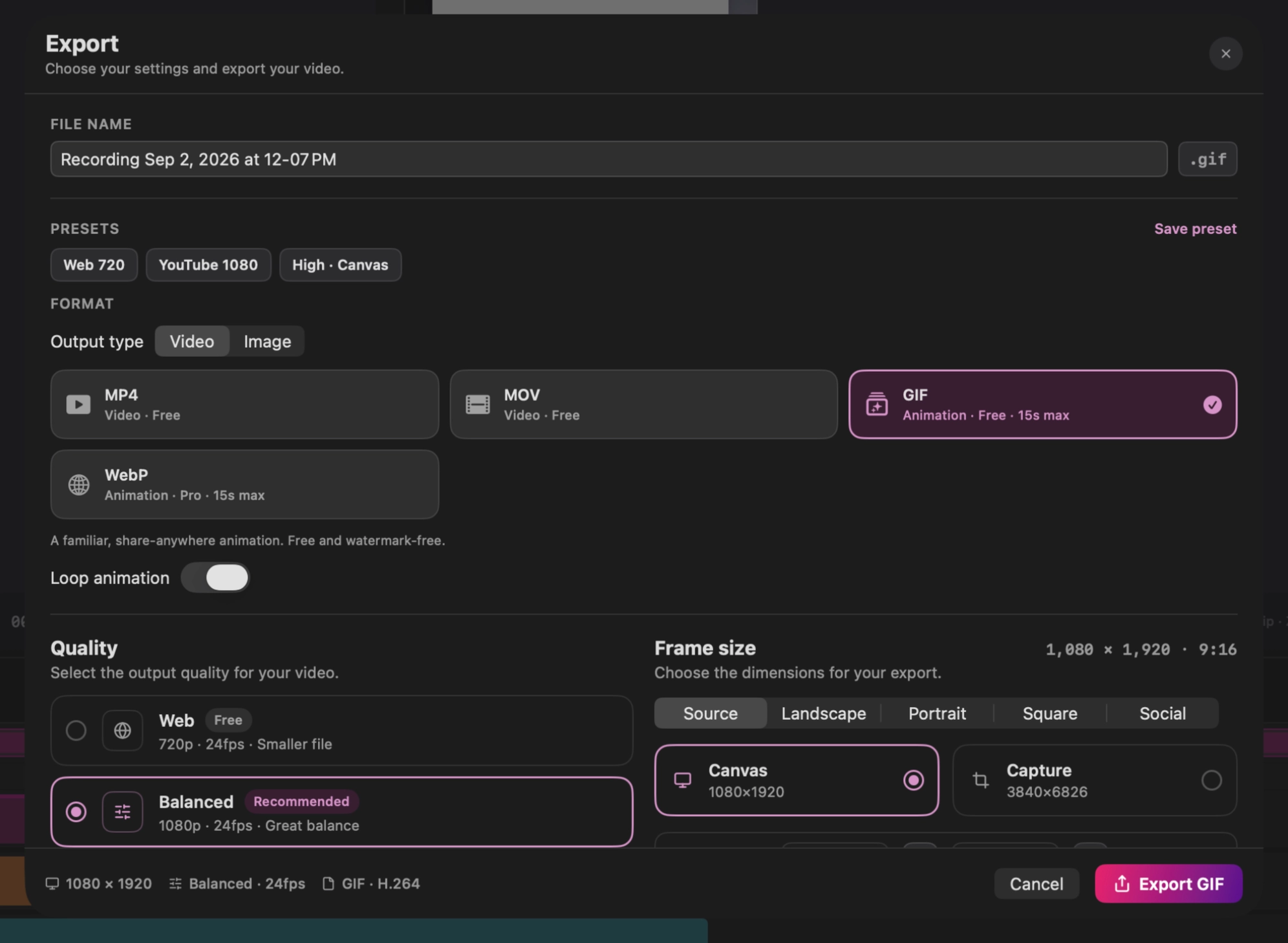 GIF, AVIF, and WebP options in the Export sheet