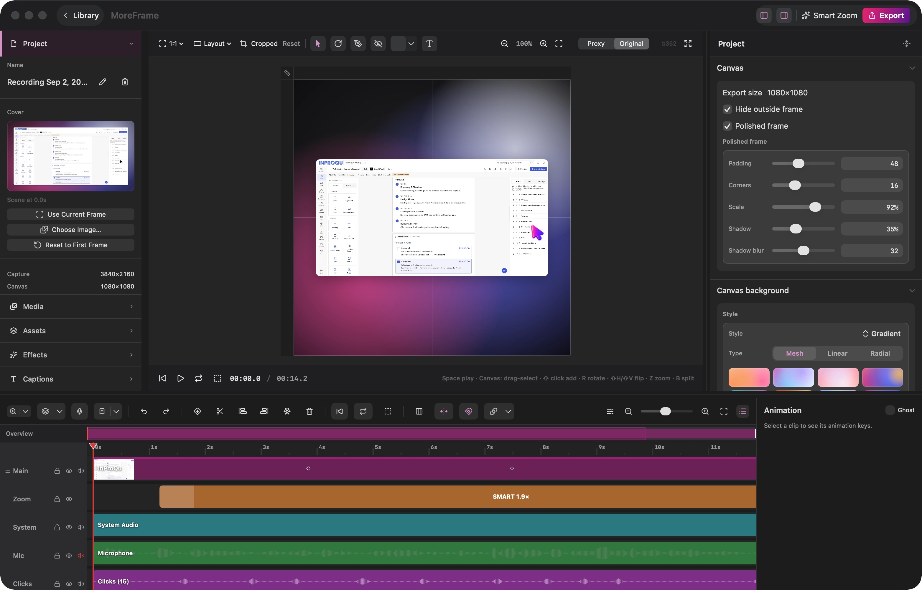 Canvas, timeline, and inspector