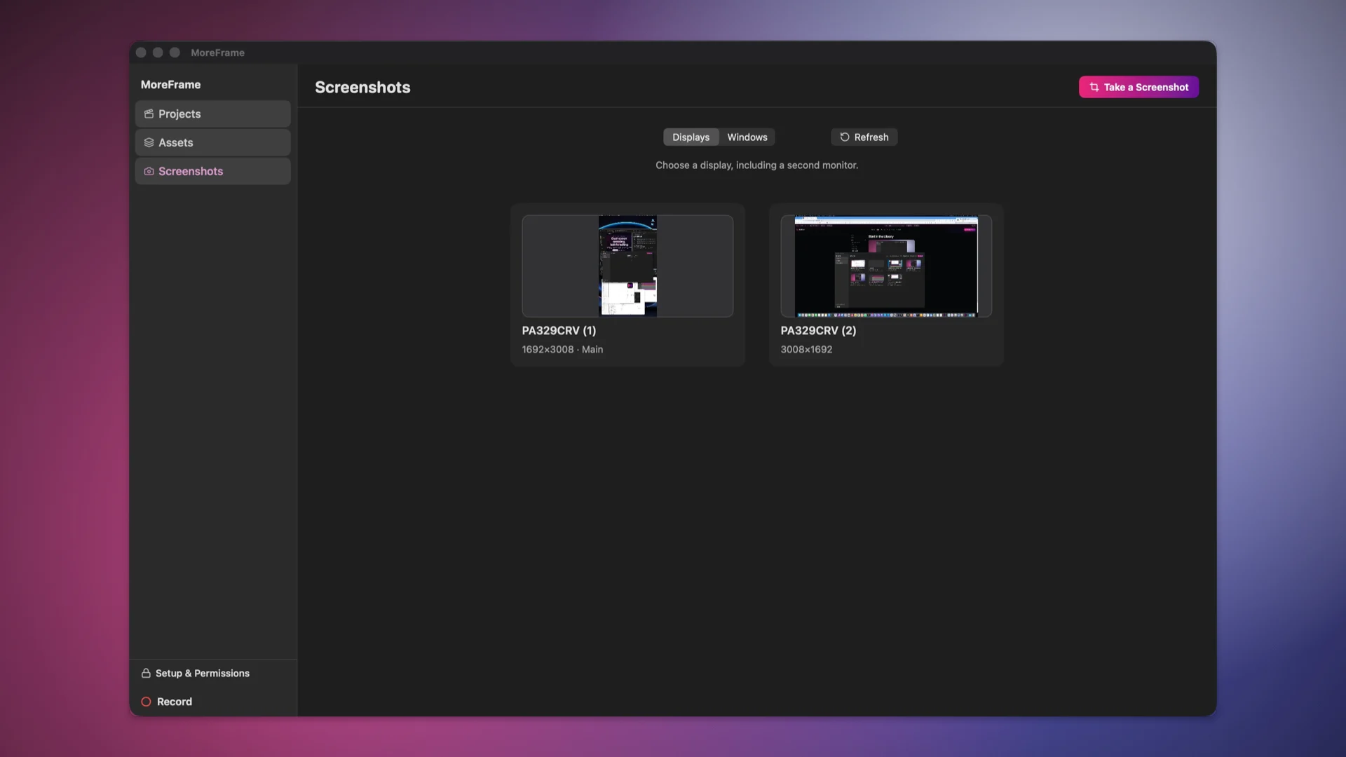 The standalone Screenshots workspace in the MoreFrame Library